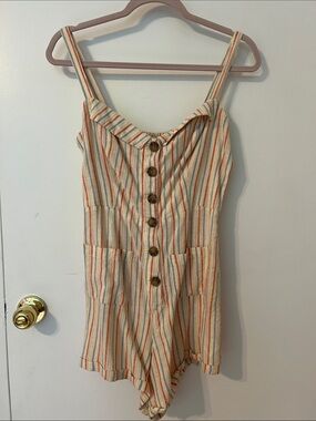 Striped Cotton-Blend Romper in Cream and Orange